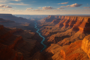 Pemandangan luas Grand Canyon, Arizona, Amerika Serikat, dengan lapisan batuan berwarna-warni dan Sungai Colorado di kejauhan.