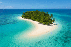 Pemandangan udara Pulau Saronde, Gorontalo, dengan pasir putih bersih dan air laut biru jernih.