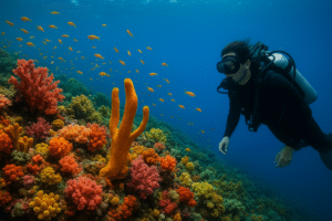 Penyelam menikmati keindahan bawah laut di Taman Laut Olele, Gorontalo, dengan terumbu karang yang unik.