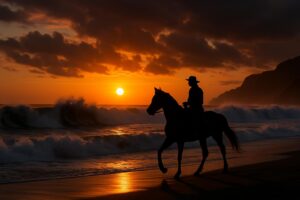 Siluet penunggang kuda di Pantai Parangtritis saat matahari terbenam