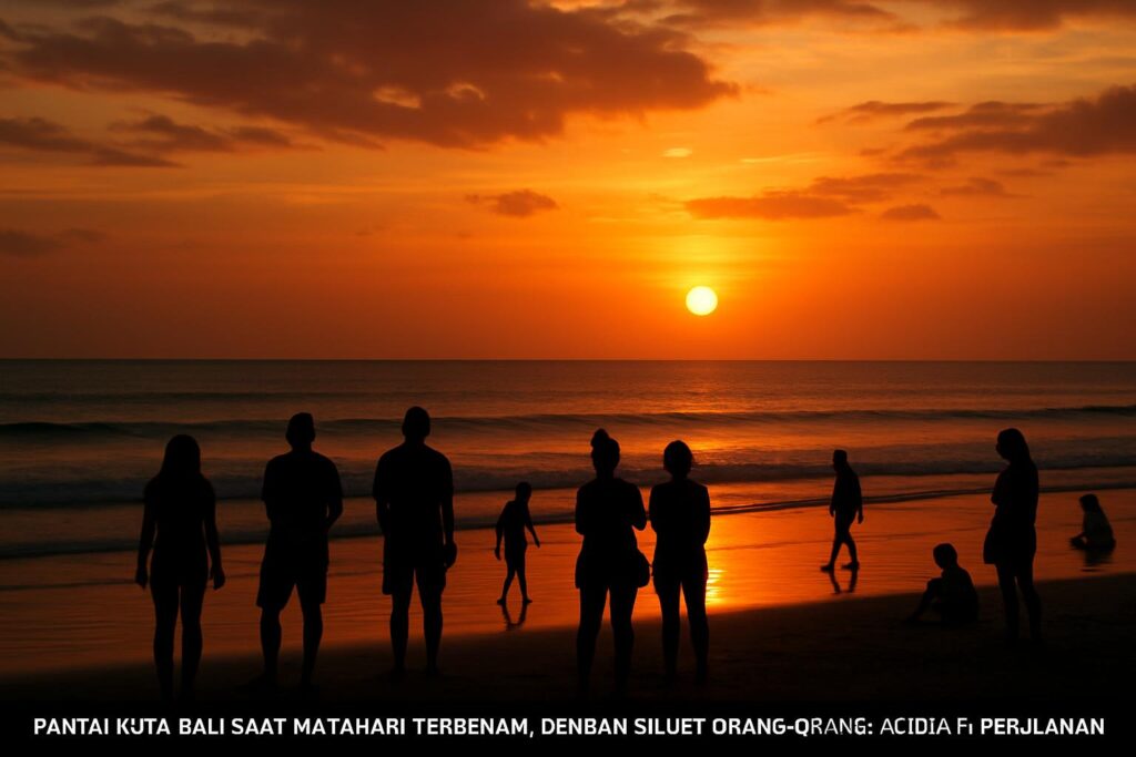 Pemandangan matahari terbenam di Pantai Kuta Bali dengan siluet orang-orang menikmati suasana.
