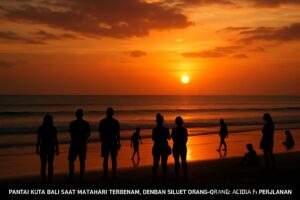 Pemandangan matahari terbenam di Pantai Kuta Bali dengan siluet orang-orang menikmati suasana.