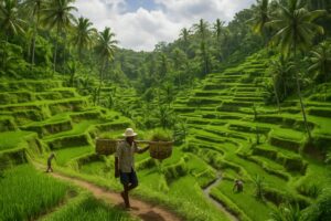 Hamparan sawah berundak hijau di Teras Sawah Tegallalang, Ubud, Bali.