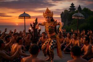 Pertunjukan Tari Kecak di Pura Uluwatu Bali saat senja dengan penari dan latar belakang laut.