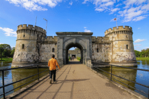 Pintu masuk Benteng Marlborough yang megah dengan jembatan di atas parit, menunjukkan arsitektur kolonial Inggris yang kokoh.