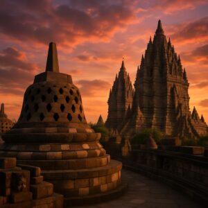 Candi Borobudur dan Candi Prambanan saat senja