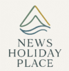 Logo News Holiday Place dengan ikon gunung dan ombak, gaya elegan.