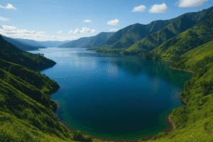 Pemandangan Danau Toba yang luas dengan perbukitan hijau.