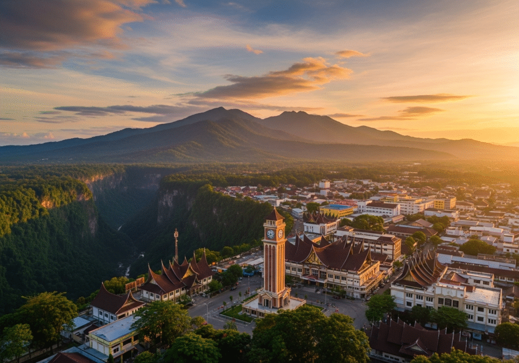 Pemandangan udara kota Bukittinggi dengan Jam Gadang dan Ngarai Sianok saat matahari terbit.