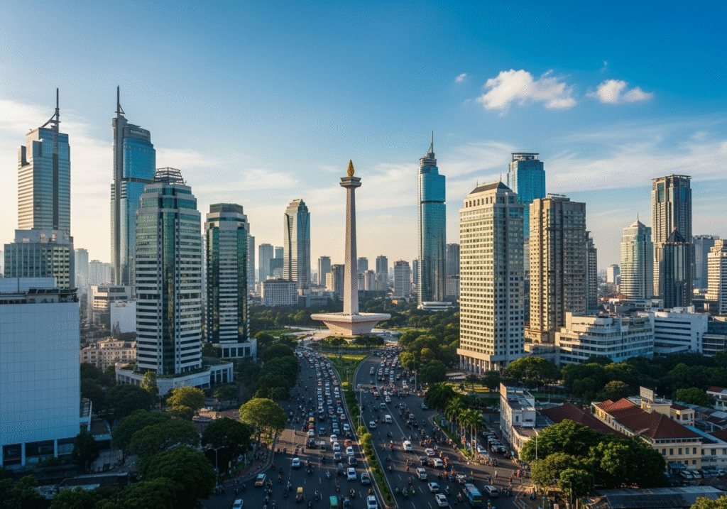 Pemandangan ikonik Jakarta dengan Monas dan gedung pencakar langit