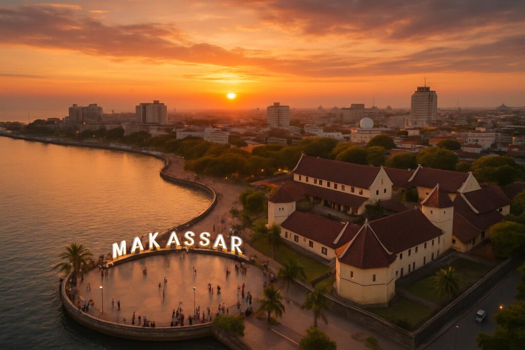 Pemandangan senja kota Makassar dengan Pantai Losari dan Benteng Fort Rotterdam.