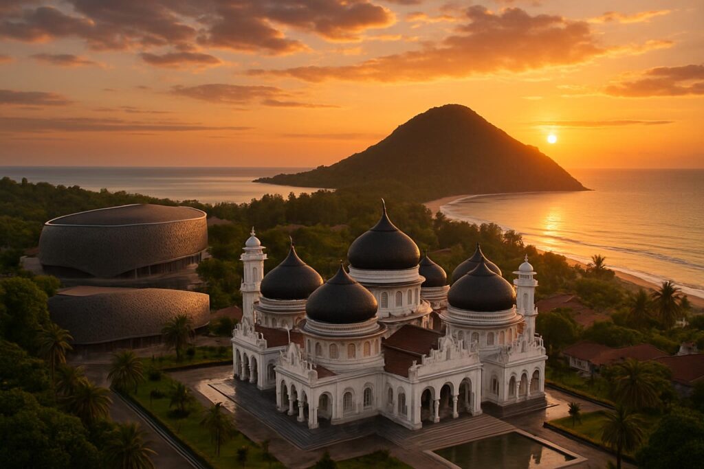 Pesona Banda Aceh: Masjid Raya Baiturrahman, Museum Tsunami, dan Pantai Lampuuk saat matahari terbit.