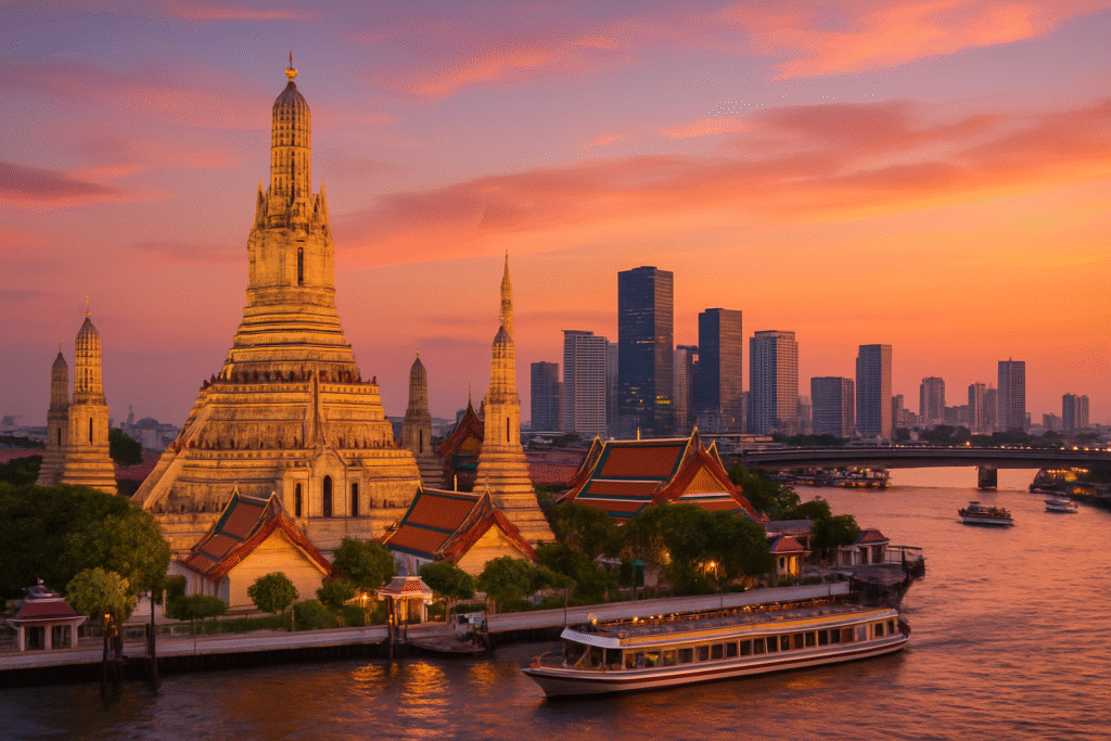 Pemandangan ikonik Bangkok dengan kuil dan gedung pencakar langit.