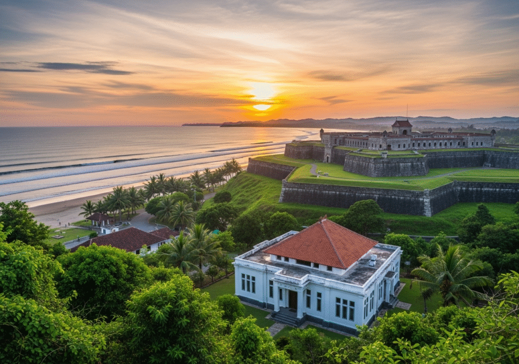 Pemandangan udara matahari terbenam di Bengkulu yang menampilkan Benteng Marlborough, Pantai Panjang, dan Rumah Pengasingan Bung Karno, merepresentasikan kekayaan wisata kota.