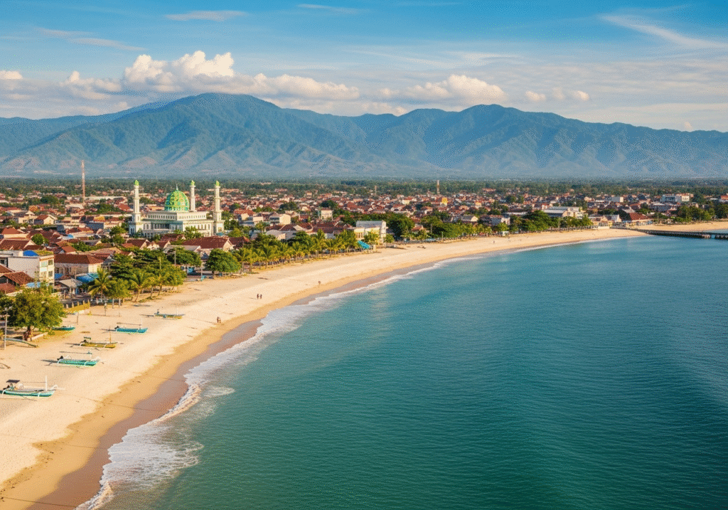 Pemandangan udara Kota Bima dengan pantai, laut, dan pegunungan.