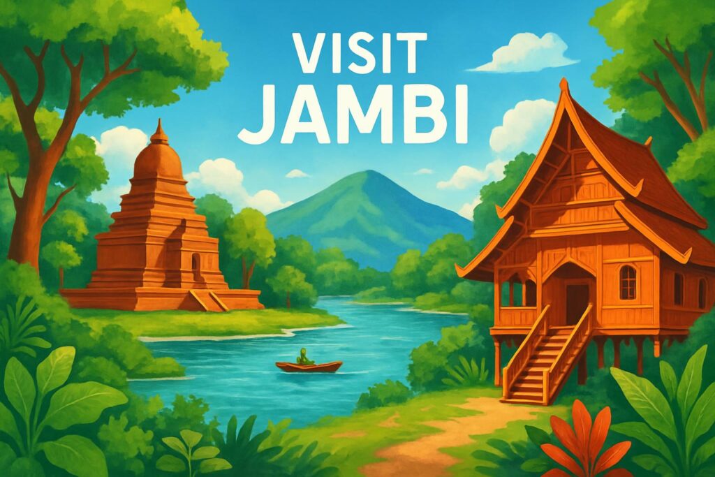 Pemandangan indah Jambi dengan landmark tradisional dan alam hijau
