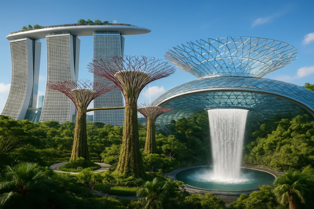 Pemandangan ikonik Singapura yang memadukan Marina Bay Sands, Supertree Grove di Gardens by the Bay, dan Jewel Changi Airport dengan air terjun Rain Vortex.