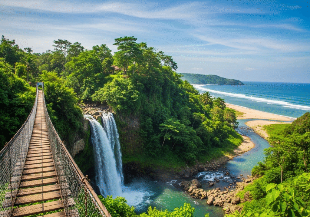 Pemandangan indah Sukabumi yang menampilkan kombinasi jembatan gantung, air terjun, dan pantai, dengan nuansa cerah dan menarik perhatian.
