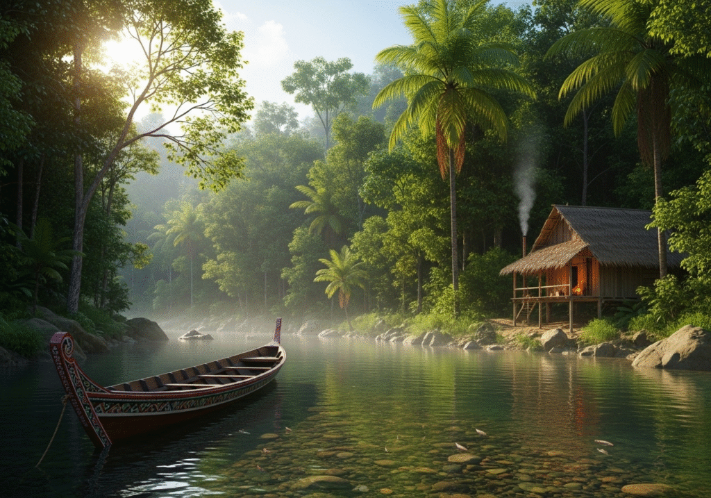 Pemandangan alam Kalimantan yang indah dengan hutan tropis dan sungai jernih.
