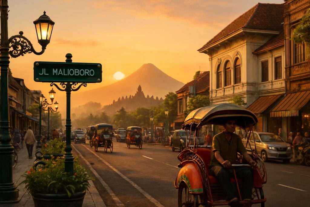 Pemandangan Jalan Malioboro Yogyakarta dengan becak dan Gunung Merapi saat matahari terbit