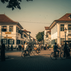 Suasana Kota Tua Jakarta dengan bangunan kolonial dan sepeda ontel