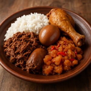 Hidangan Gudeg khas Yogyakarta dengan nasi, ayam, telur, dan krecek