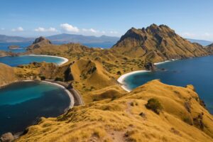 Pemandangan Pulau Padar dengan bukit savana dan pantai tiga warna.