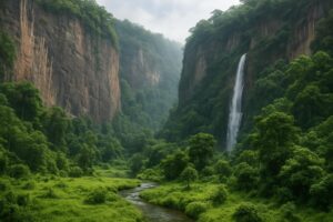 Lembah Harau dengan tebing tinggi dan air terjun.