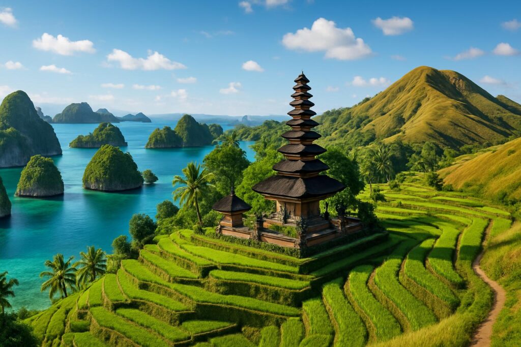 Pemandangan gabungan Raja Ampat, Bali, dan Labuan Bajo.