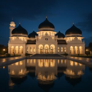 Masjid Raya Baiturrahman Banda Aceh di malam hari dengan pantulan di kolam.