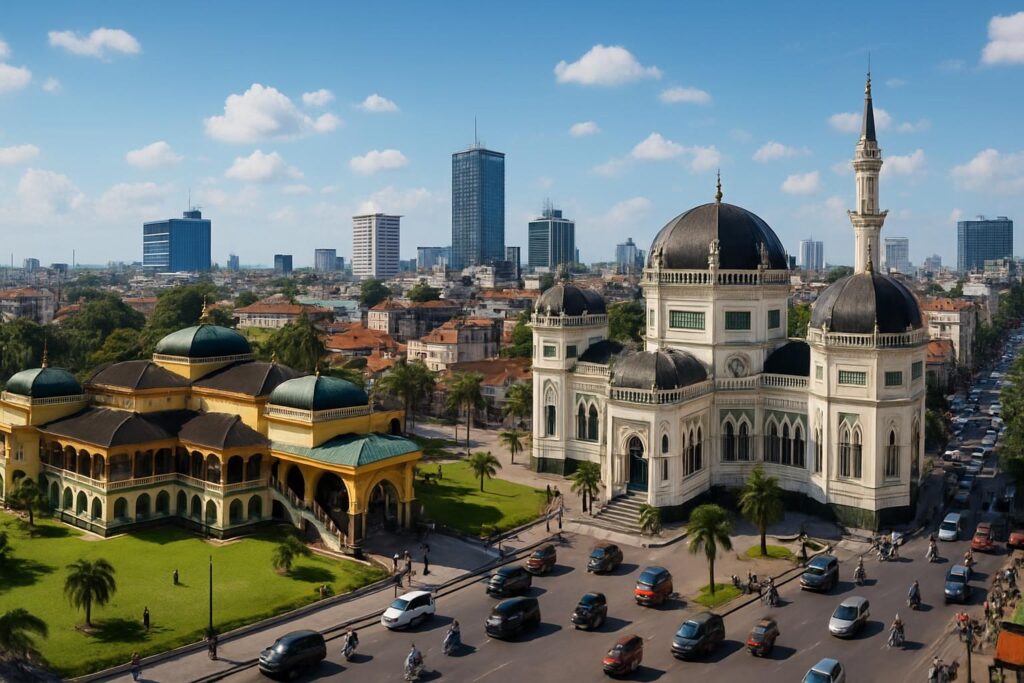 Pemandangan kota Medan dengan Istana Maimun dan Masjid Raya Al Mashun.
