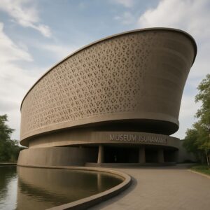Eksterior modern Museum Tsunami Aceh dengan desain gelombang.