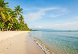 Pantai Anyer dengan pasir putih dan laut biru.