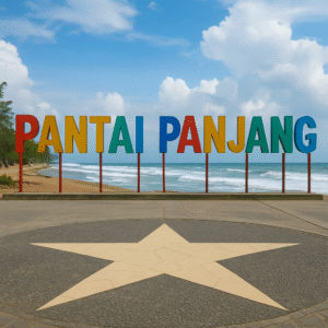 Tulisan ikonik 'Pantai Panjang' berwarna-warni di tepi pantai berpasir putih dengan ombak yang tenang dan langit biru cerah.