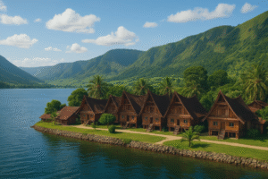 Rumah adat Batak di tepi Danau Toba, Pulau Samosir.