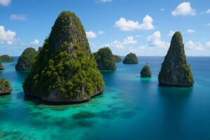Gugusan pulau karst Raja Ampat dengan air laut jernih dan langit biru.
