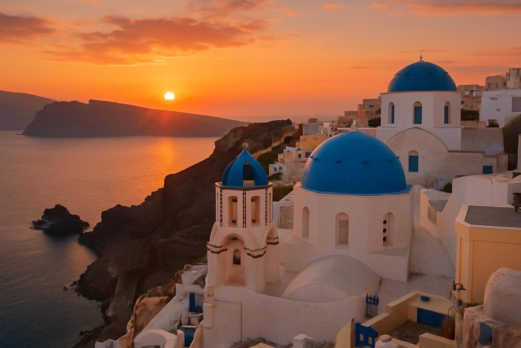 Pemandangan desa Oia di Santorini, Yunani, dengan bangunan putih dan kubah biru menghadap laut Aegean saat matahari terbenam.