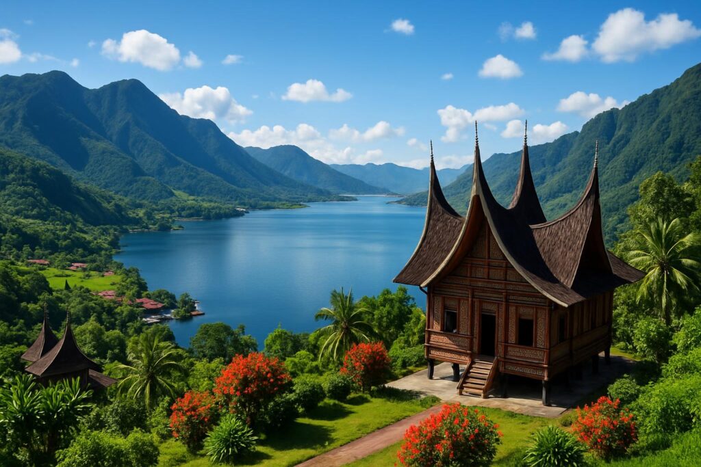 Pemandangan ikonik Sumatera Barat dengan rumah gadang dan danau