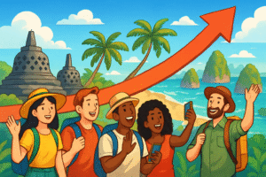 Ilustrasi tren positif pariwisata Indonesia dengan wisatawan dan ikon wisata.