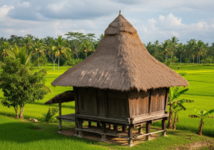 Lumbung padi tradisional Uma Lengge di tengah sawah hijau.
