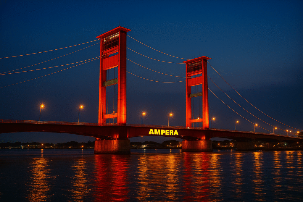 Wisata Palembang Jembatan Ampera malam hari.