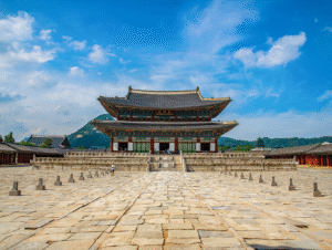 Pemandangan megah Gyeongbokgung Palace di Seoul, Korea Selatan