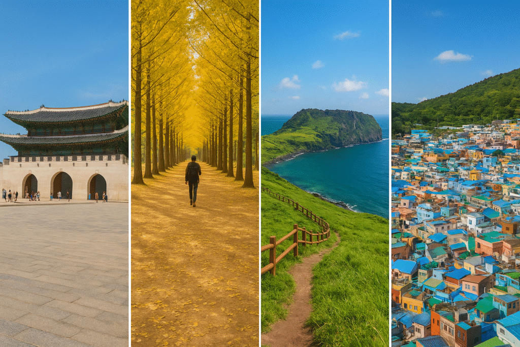 Kolase tempat wisata populer Korea Selatan: Gyeongbokgung Palace, Pulau Nami, Pulau Jeju, dan Gamcheon Culture Village