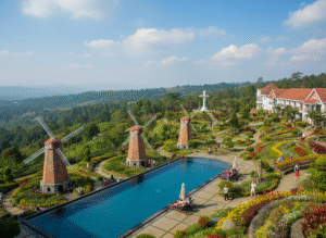 Agrowisata Salib Putih dengan kincir angin dan kebun bunga