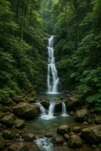 Air terjun bertingkat Curug Cilember di tengah hutan hijau