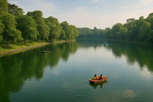 Danau Buatan Khayangan Pekanbaru dengan air tenang dan pepohonan