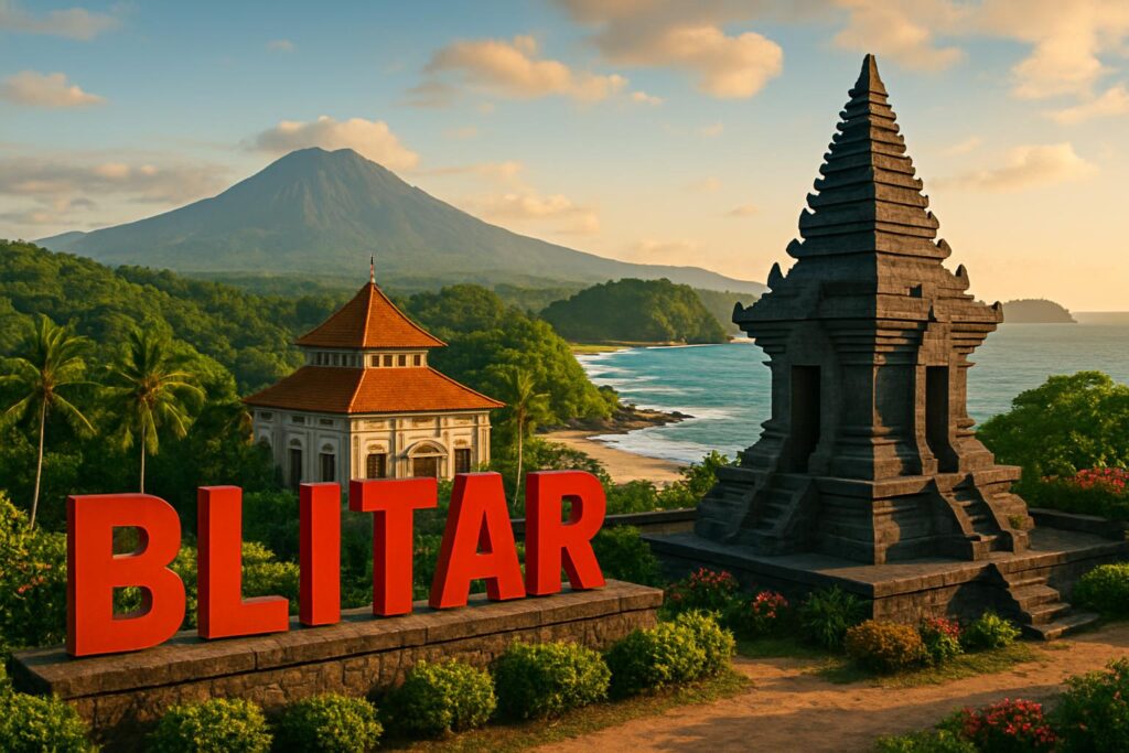 Pemandangan ikonik Blitar dengan gunung, pantai, dan candi