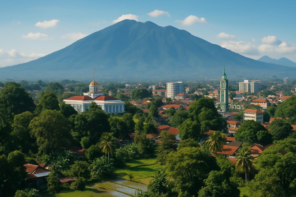 Pemandangan Kota Bogor dengan gunung dan pepohonan hijau.