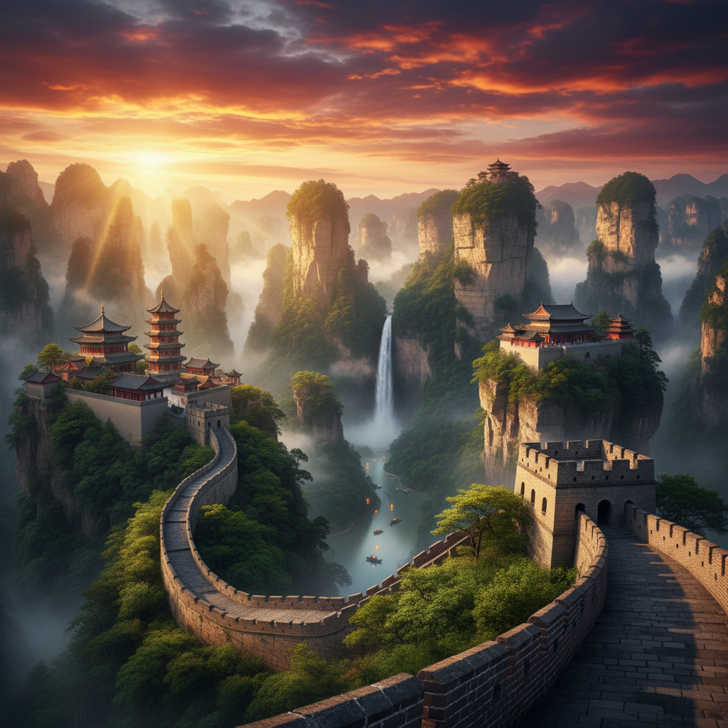 Pemandangan ikonik China dengan Tembok Besar, pegunungan Zhangjiajie, dan arsitektur tradisional saat matahari terbit