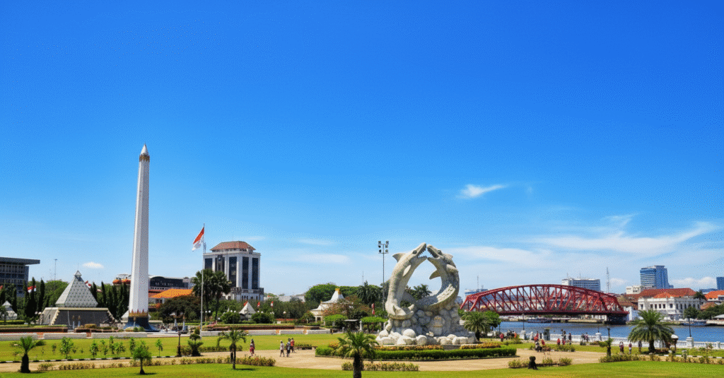 Pemandangan ikonik kota Surabaya dengan Tugu Pahlawan, Patung Suro dan Boyo, serta Jembatan Merah